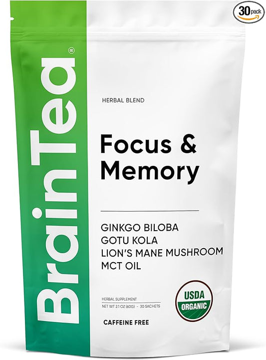 Brain Tea Focus & Memory - Organic Certified 4-in-1 Nootropic Brain Supplement with Ginkgo Biloba, Gotu Kola, Lion’s Mane Mushroom and MCT - Caffeine-Free Herbal Tea for Mental Clarity (30 Sachets)