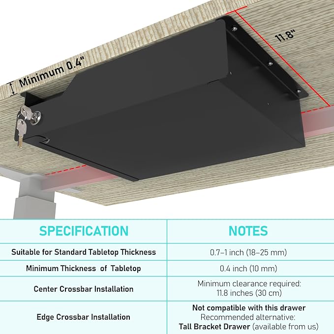 Under Desk Drawer with Lock, 16" W x 11.8" D x 6.3" H Slide Out Mounted Pull-Out Add On Drawer Lockable Storage Black