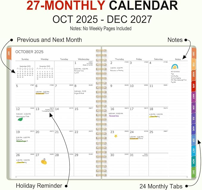 GNL Monthly Planner 2026-2027, 2 Year(27 Months) Calendar Planner, Oct. 2025 - Dec 2027, 7" x 10" Monthly Spreads & Yearly Planner, Perfect for School Office Home Planning, Green