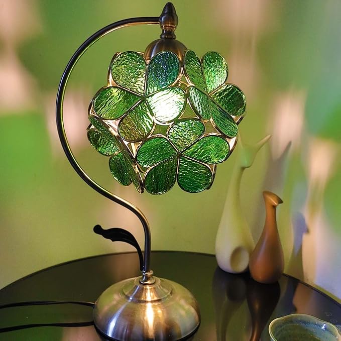 Bieye L10875 Tiffany Style Stained Glass Flower Petal Table Lamp with Brass Base for Home Décor (Green, 8" Cherry Blossom)