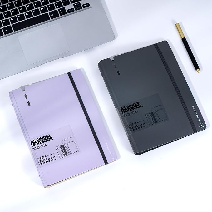 CAGIE A5 Binder 6 Ring Notebook with Dividers Refillable Planner Binder with Pockets, Refill Paper Include Planning Square Ruled and Dotted Pages, 6.89 x 9.25 in, (Grey and Purple, A5 Daily&Dot Page)