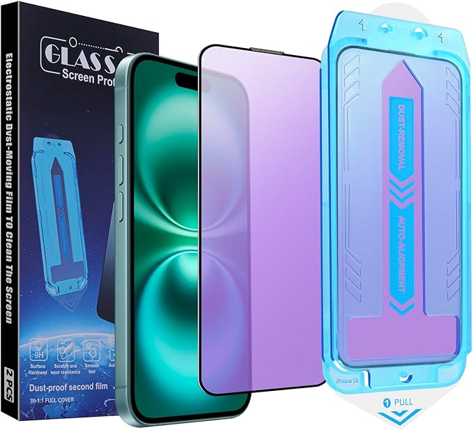 2-Pack Anti Blue Light Matte Screen Protector for iPhone 14 Pro/iPhone 15 / iPhone 16, 9H Tempered Glass, Full Coverage, Anti-Fingerprint, Auto Dust-Elimination, No Bubble, Easy Installation