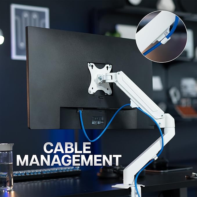 VIVO Articulating Single 17 to 27 inch Pneumatic Spring Arm Clamp-on Desk Mount Stand | Fits 1 Monitor Screen with Max VESA 100x100, White (STAND-V101OW)