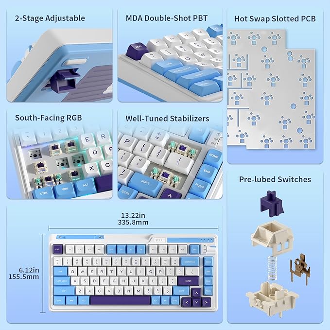 K75 Lite Wireless Mechanical Keyboard, 75% Gasket Mount RGB Gaming Keyboard w/ 3-Mode Knob BT 5.0/2.4G/USB-C Wired, Hot Swappable, 5-Layer Padding & Creamy Linear Switches, Compact 82 Keys