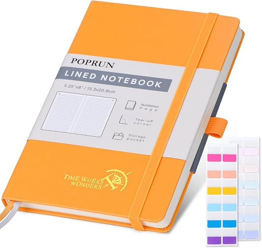POPRUN Lined Journal Notebook for Women & Men, A5 Medium Size 5.25''x 8'', 120GSM Thick Paper, 128 Numberd Pages, Hardcover, Index Tabs, College Ruled Notebook for Work & Note Taking - Orange