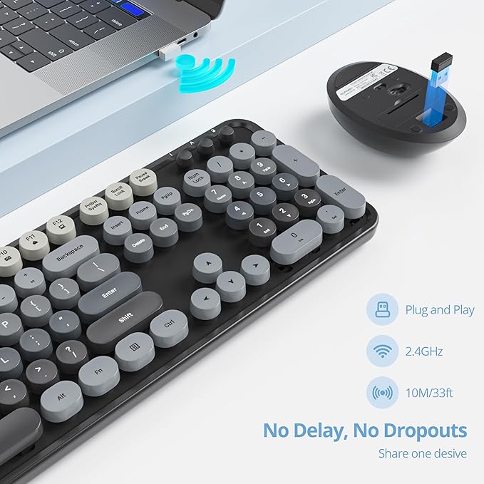 Guffercty kred Colorful Grey Wireless Keyboard and Mouse Combo, Retro Typewriter Wireless Full-Size Cute Office Keyboard 2.4GHz with Round Keycaps for Desktop Laptop and PC(Gradient Black)