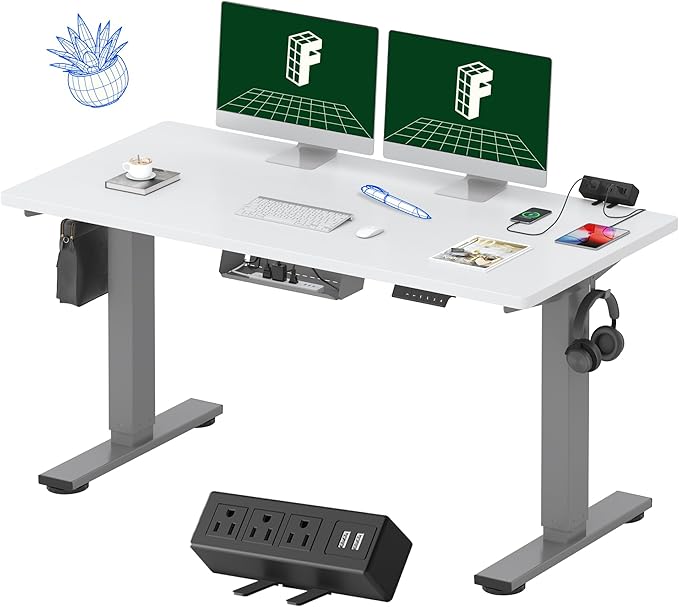 FLEXISPOT EN2 Whole-Piece Standing Desk with Clamp Power Strip, 55 x 28 Electric Stand Up Height Adjustable Desk with Cable Management (Gray Frame + 55" White Top, 2 Packages)
