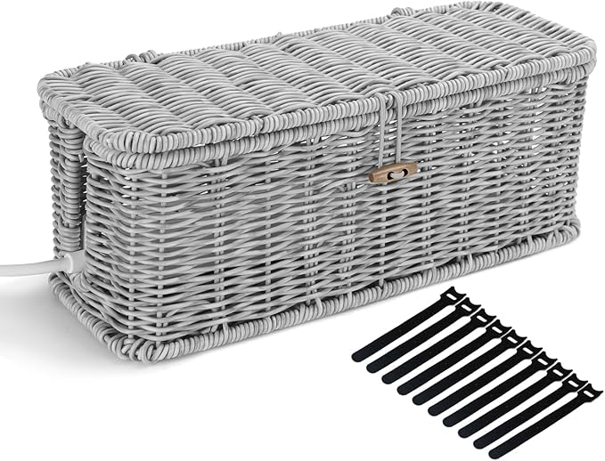 Cable Management Box, Woven Rattan Cord Hider With Lid & Button Lock, Floor Cord Holder for Power Strip USB Hub, Boho Desk Wicker Wires Storage Cable Organizer Box(grey)
