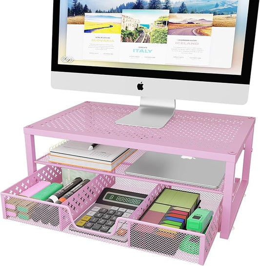 Simple Trending Metal Monitor Stand Riser and Computer Desk Organizer with Drawer for Laptop, Computer, iMac, Pink