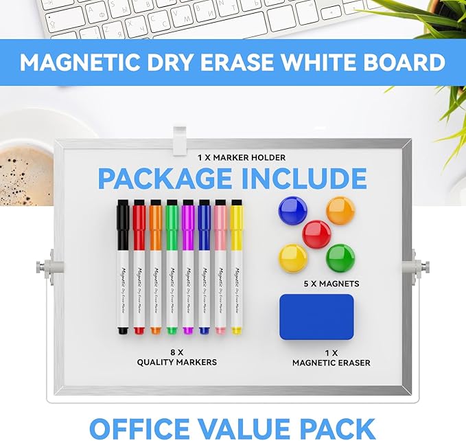 Dry Erase White Board, Cazeyoo Magnetic Desktop Whiteboard 11 x 14inch with Stand, 8 Markers, 4 Magnets and 1 Eraser, Portable Double-Sided White Board for Kids Drawing, Office, Home, School