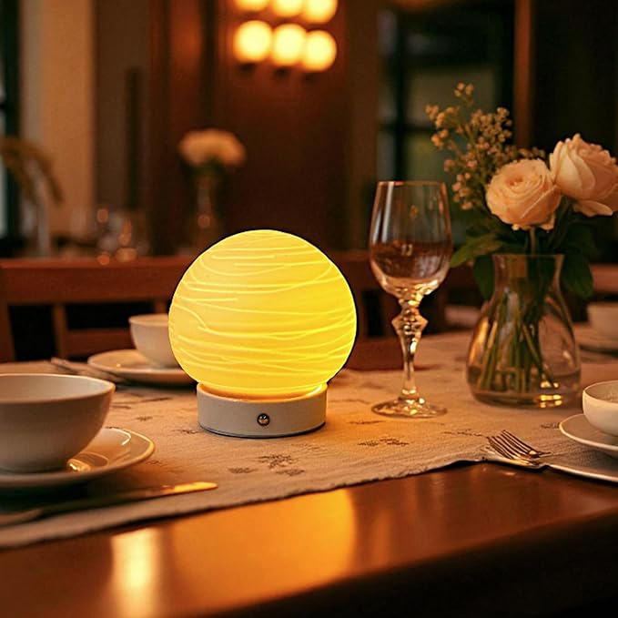 JHY DESIGN 3 Colors Bedside Rechargeable Table Lamp 6.5" H Globe Shade Battery Operated Desk Lamp Translucent Ceramics Dimmable LED Touch lamp for Living Room Bedroom Cafe Outdoors Kids Room(Planet)