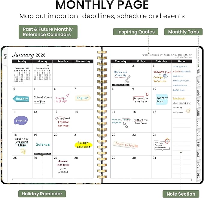 2026 Planner, Monthly and Weekly Calendar Planner for Women, January 2026 - December 2026, Hardcover Pretty 2026 Agenda Planner Book with Tabs, Spiral Bound, Perfect for School Office Home Supplies, 6.3" x 8.5" - Forest Botanica