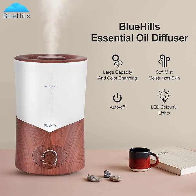 BlueHills Premium Large 1000 ML XL Essential Oil Diffuser Dark Wood Grain Aroma Humidifier 1 Liter Capacity for Big Room Home Long Run Kids Huge Coverage Area Quiet High Mist Output Large 1L A3