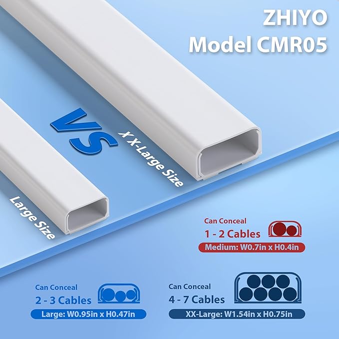 Cord Hider Wall 48in (3X L16in), X-Large Cable Management Kit for 4-7 Wires, Self-Adhesive Cord Organizer, TV Wire Cover Hide Cords Wall Mounted TV, Cable Raceway White, W1.5in H0.8in