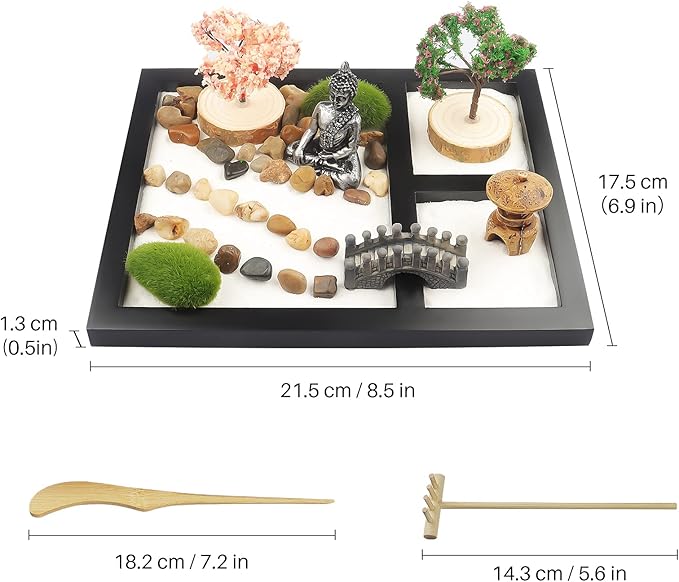 Japanese Zen Garden for Desk - Sakura Budah 9" x 7" Desktop Mini Zen Garden with White Sand Artificial Bonsai Tree Rocks Rakes & Accessories - Meditation Zen Gifts Sand Garden Kit for Office Zen Decor