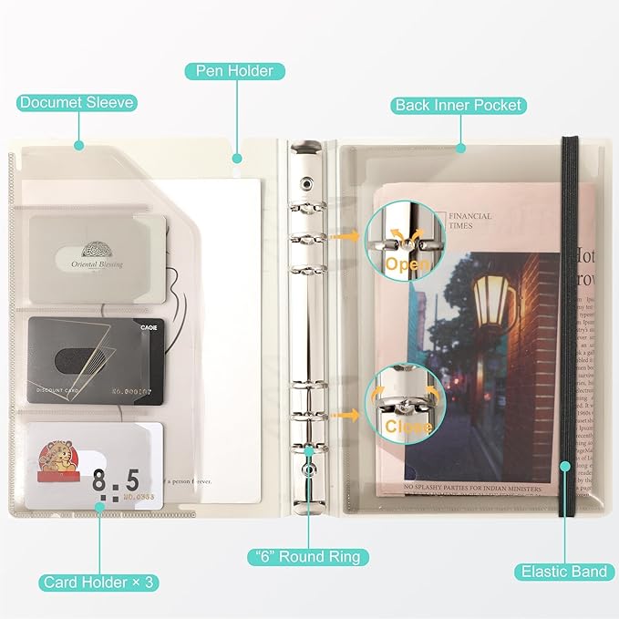 CAGIE A5 Binder 6 Ring Notebook with Dividers Refillable Planner Binder with Pockets, Refill Paper Include Planning Square Ruled and Dotted Pages, 6.89 x 9.25 In, (Blue, A5 Daily&Dot Page)