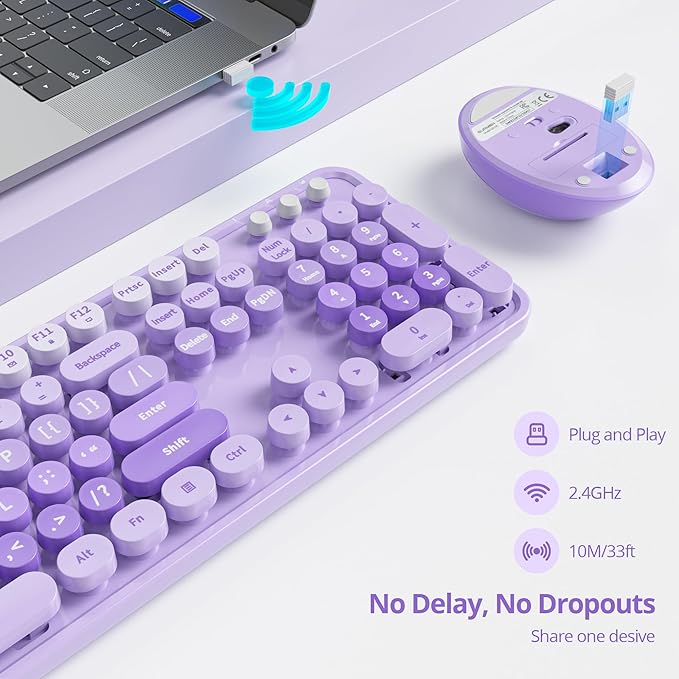 GTSP Colorful Purple Wireless Keyboard and Mouse Combo, Retro Typewriter Wireless Full-Size Cute Office Keyboard 2.4GHz with Round Keycaps for Desktop Laptop and PC (Cute Purple)