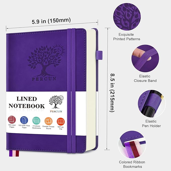 PERCUN Lined Journal Notebook for Men & Women, 160 Pages College Ruled Journal for Writing, A5 Hardcover Leather Notebooks for Work, School, Business, Travel, Daily Diary 5.9" x 8.5" - Purple