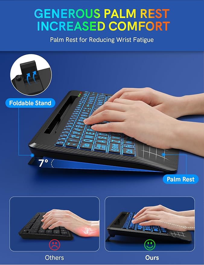 Wireless Keyboard with 7 Colored Backlits, Wrist Rest, Phone Holder, Rechargeable Ergonomic Computer Keyboard with Silent Keys, Full Size Lighted Keyboard for Windows, Mac, PC, Laptop (Large Print)
