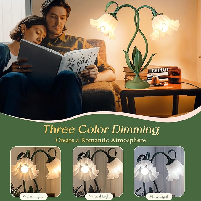 Cute Flower Table Lamp, Large Vintage Bedside Flower Lamp, 3 Colors Temperature Flower Lamp for Bedroom Living Room Bedside Reading Lighting Table Desk Lamps Home Decoration (Green)