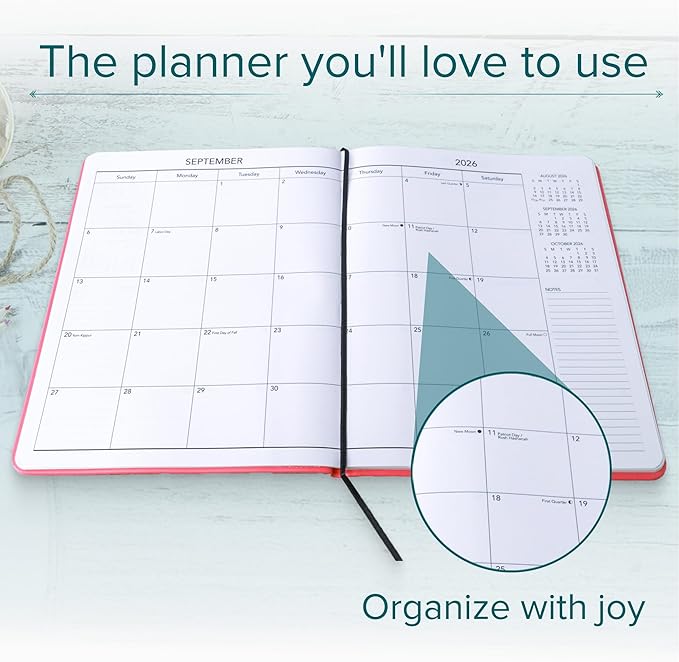 Harbor Large Monthly Planner 2025-2026, Calendar Planner and Notebook, Durable Faux Leather, 14 Months, 96 Pages, Softcover & Lightweight - Cambridge Red - 9.75x7.5"