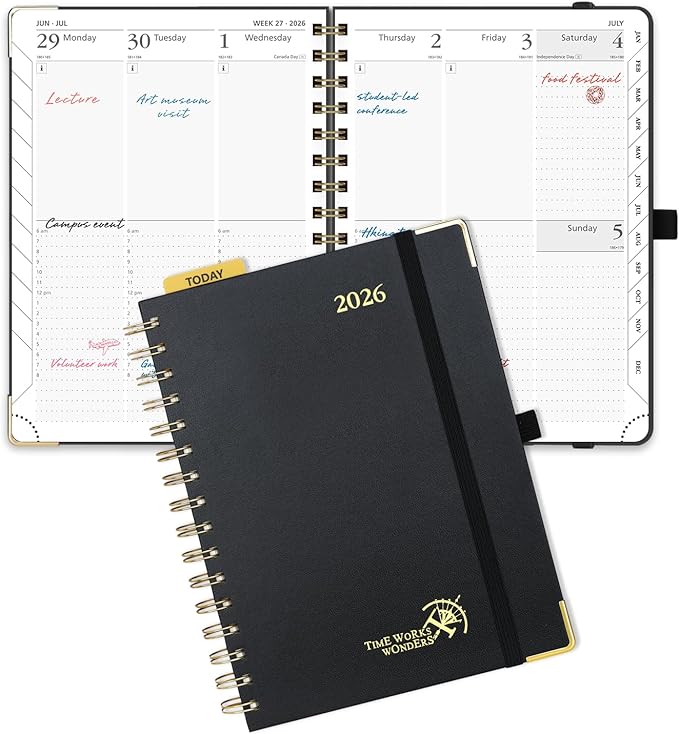 POPRUN 2026 Planner (Medium Size 8.5'' x 6.25'' Wire-Bound Hard Cover) Daily Weekly and Monthly Calendar - Agenda 2026 (Jan.2026-Dec.2026) with Hourly Schedule, Monthly Tabs - Black