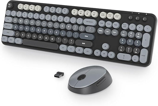 Fogruaden Black Keyboard and Mouse Wireless, Retro Typewriter Keyboard, 2.4GHz 104 Keys Full Size Cute Keyboard with Number Pad, Gradient Colorful Round Keycaps for Windows PC Desktops Laptop
