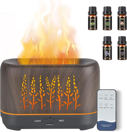 NEWYID Diffuser with 5 Essential Oils, Aromatherapy Oil Diffuser with Flame Light 3 Mist Mode 4 Timer Up to 12H of Continuous Aroma Waterless Auto-Off Essential Oil Diffusers for Home(Dark Brown)