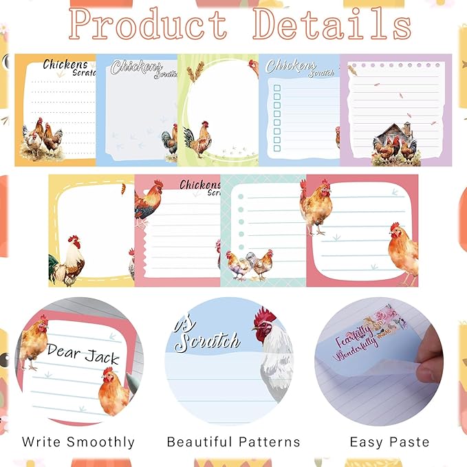 Chicken Sticky Notes Gifts - 9Pack Cute Sticky Notes 3x3 Roosters Chicken Gifts for Women Chicken Scratch Funny Post Notes Animals Self-Stick Notes Pads Office School Supplies 450 Sheets