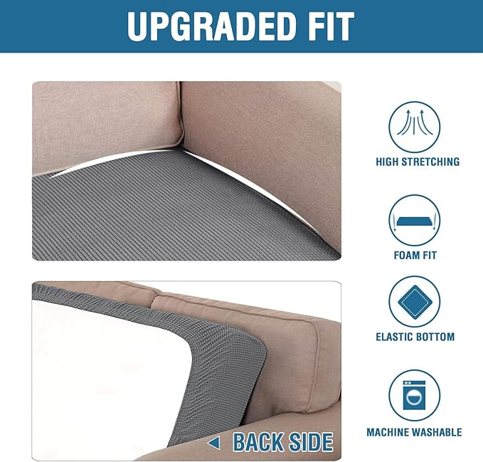 H.VERSAILTEX Super Stretch Individual Seat Cushion Covers, Thick Jacquard Textured Twill Fabric (3 Piece XL Sofa Cushion Covers, Grey)