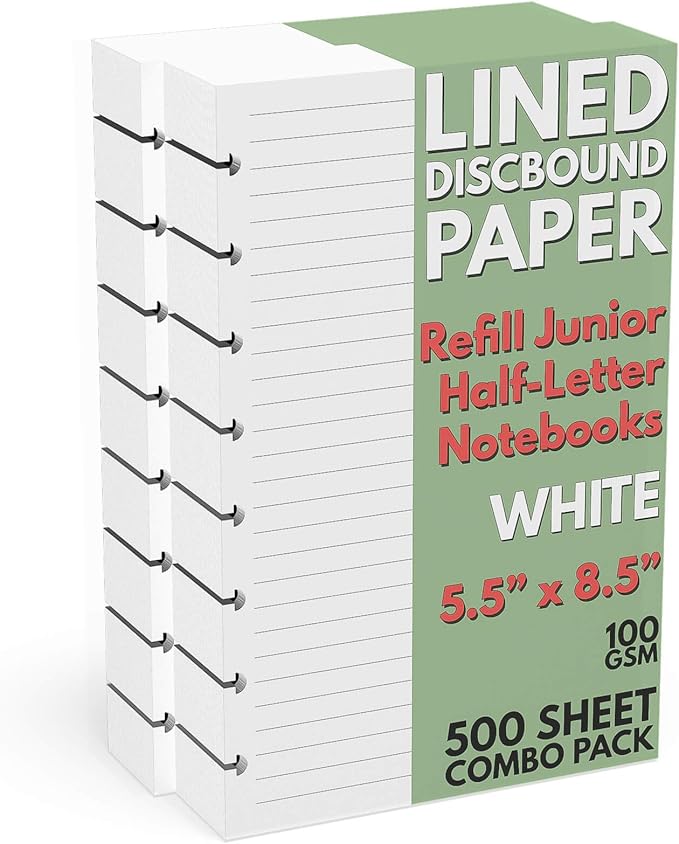Discbound Half-Letter Size Lined Paper Refill, 500 Sheets (1,000 Pages), 5.5 in. x 8.5 in., 100 GSM, Junior Size 8 Disc Notebooks