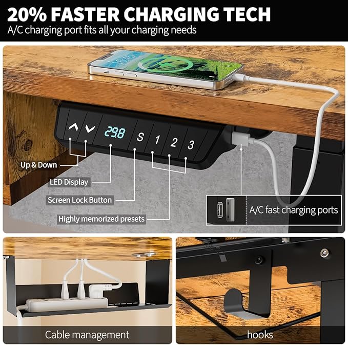 Standing Desk with Fast Charging USB Ports, 48" x 30" Height Adjustable Home Office & Gaming Desk, Sit Stand Desk with Built-in Storage Shelf, Hook & Ergonomic Design(Rustic Brown)
