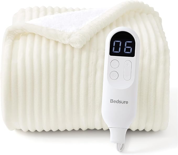 Bedsure GentleSoft Heated Blanket Electric Throw - Soft Ribbed Flannel Electric Blanket, Heating with 4 Time Settings, 6 Heat Settings, and 3 hrs Timer Auto Shut Off (50x60 inches, Coconut White)