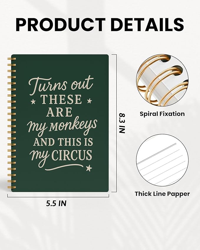 Green Funny Office Notebook, Work Journal Notebook for Women Men Coworkers, Funny Office Supplies, Turns Out These Are My Monkeys Humorous Spiral Notebook, 5.5x8.3 Inch 558
