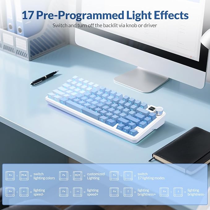Rii RK805 Wireless Creamy Mechanical Keyboard with TFT Screen and Knob,75% Gasket-Mounted Gaming Keyboard with RGB Backlight,Tri-Mode BT/2.4G/USB-C,Hot Swappable,for Windows/Mac/Linux(Blue Gradient)