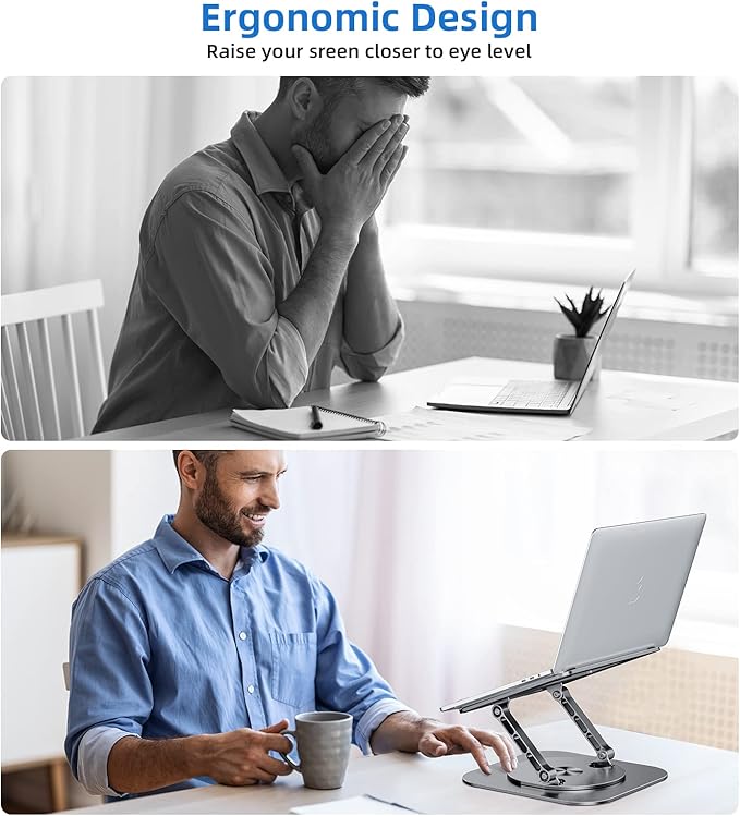 Laptop Stand for Desk, Ergonomic Laptop Riser with 360° Rotating Base, Aluminum Laptop Stand, Adjustable Foldable Laptop Holder Compatible with MacBook Air Pro, Dell XPS, 10-17" Laptops, Grey