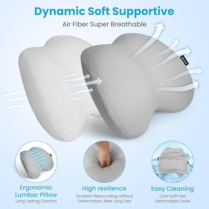 Lumbar Support Pillow Office Chair Car Back Pillow, Ergonomic Lower Back Pain Relief Breathable Air Fiber Cushion for Long Sitting Worker Driver & Handicapped, Adjustable Strap (Light Grey)