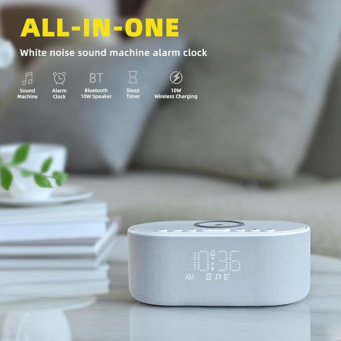 Sound Machine Alarm Clock Wireless Charger: Bluetooth 10W Stereo Sound Speaker Bedroom - White Noise Machine for Sleeping with 21 Soothing Sounds