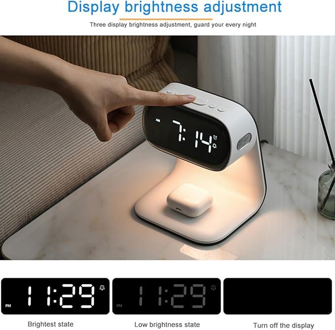 Digital Alarm Clock with Wireless Fast Charging Station 15W Touch Smart Lamp for Bedside,3 Colors Nightlight Adjustment Night Lamp for Living Room,Bedside,Heavy Sleepers (White+No Adapter)