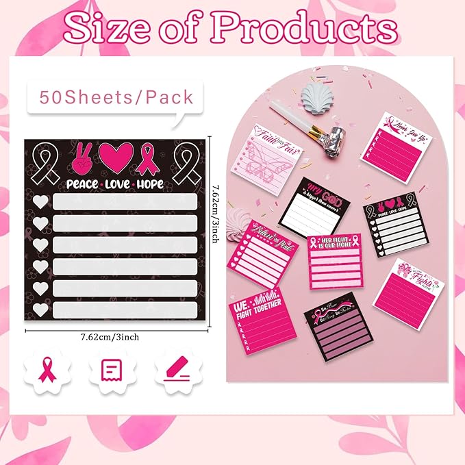 Breast Cancer Awareness Sticky Notes Gifts, 9 Pack Breast Cancer Awareness Notepads 3x3 Inches, Pink Ribbon Hope Fight Memo Post Pads School Office Supplies for Women Girls (450 Sheets)