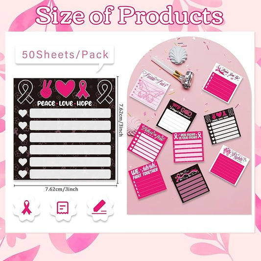 Breast Cancer Awareness Sticky Notes Gifts, 9 Pack Breast Cancer Awareness Notepads 3x3 Inches, Pink Ribbon Hope Fight Memo Post Pads School Office Supplies for Women Girls (450 Sheets)
