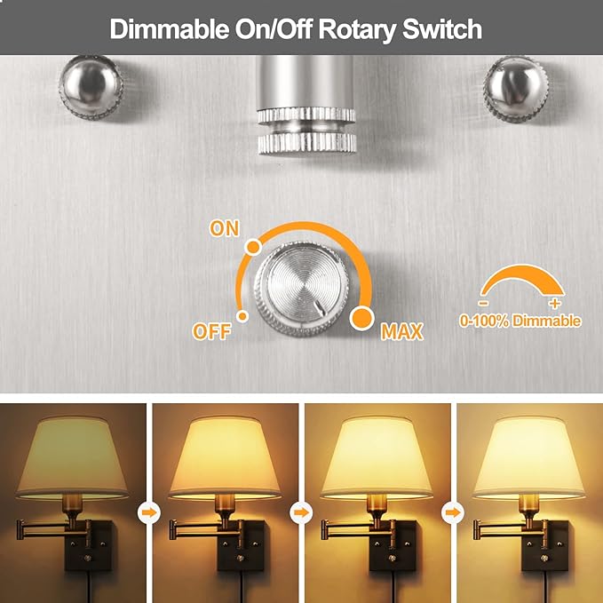 TRLIFE Wall Sconce Plug in, Dimmable Wall Sconces Set of 2 Brushed Nickel Swing Arm Wall Lights with Plug in Cord and On/Off Dimmer Rotary Switch, 9.4" Medium White Fabric Shade(2 Pack, 2 Bulbs)