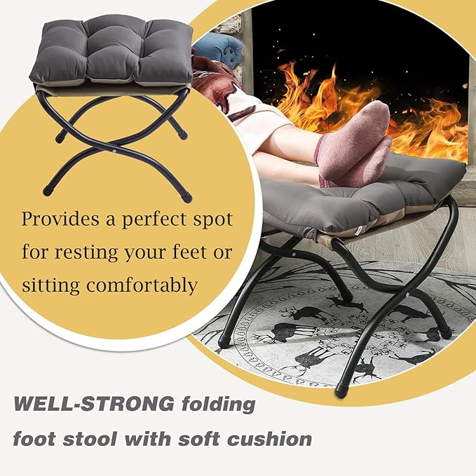 15" Foldable Foot Stool Ottoman with Metal Frame - Washable Dark Grey Upholstered Indoor/Outdoor Footrest for Living Room, Bedroom, Patio - Space-Saving Compact Design
