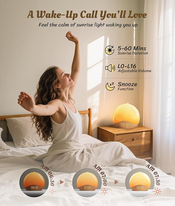 ecozy Wood Grain Sunrise Alarm Clock, White Noise Sound Machine, Music-Sync Lights, Upgraded Backlit Buttons for Bedrooms, 26 Soothing Sounds, 17 Night Lights, Wake Up Light for Heavy Sleepers
