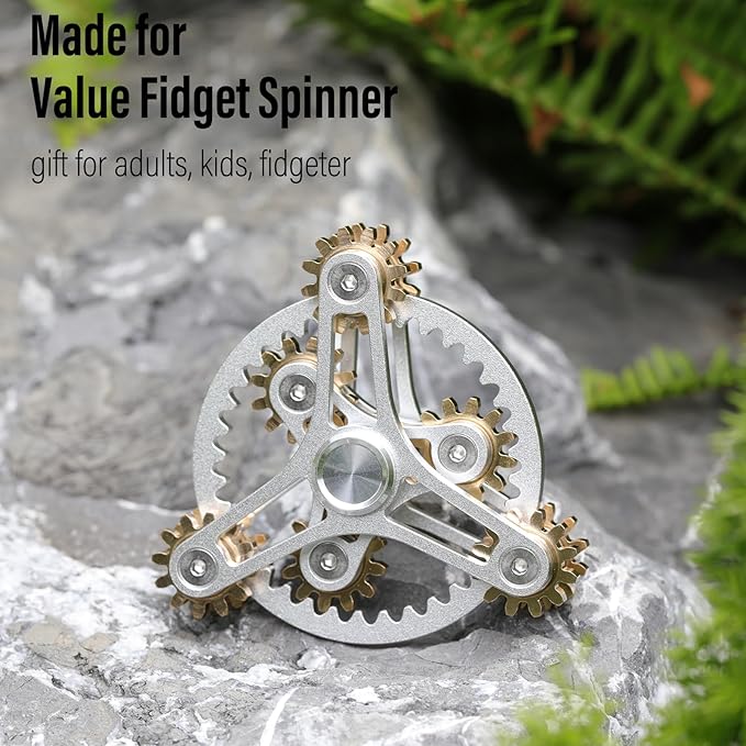 FREELOVE Gear Metal Fidget Spinner Toys for Adults, Small Mini Tiny Pockget Figette, Bike Chain, Copper Brass Hands Gyro, Quiet Silent Cool Cube for Anxiety Men (Wheel 10 Gears Linkage, Silver-Brass)