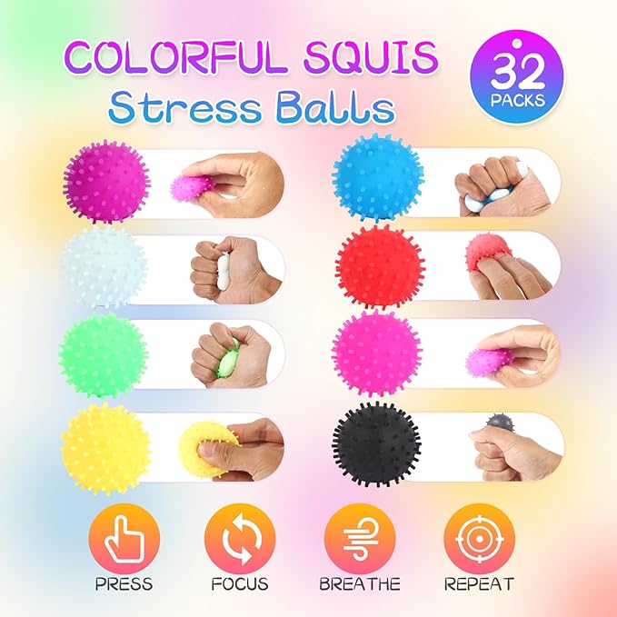32 Pack Mini Spiky Stress Balls, Stretchy Fidget Toy for Anxiety Stress Relief, Pull Stretch Sensory Dough Soft Fidget Squishy Toys Classroom Prize Box Party Favor Kids Adults