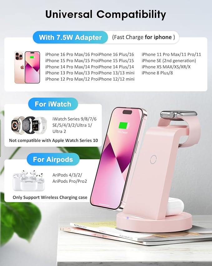 3 in 1 Charging Station for Apple Device, Wireless Charger for iPhone 16 15 14 13 12 11 Pro Max & Apple Watch iwatch- Charging Stand Dock for AirPods