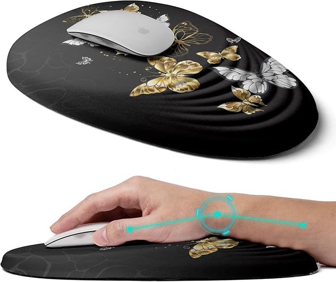 Ergonomic Mouse Pad with Wrist Rest Support,Mousepad Relief Carpal Tunnel Pain, Entire Memory Foam Mouse Pad with Non-Slip PU Base, Wireless Mouse Pad, Butterfly