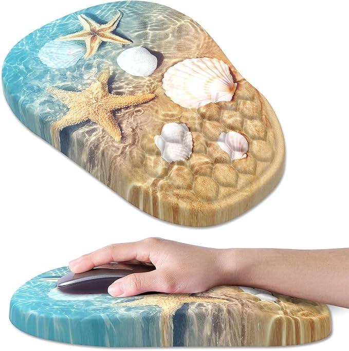 Ergonomic Mouse Pad Wrist Support, with Memory Foam & Non-Slip PU Base, Comfortable Massage Design Mouse Pad Relieve Wrist Fatigue&Pain, Suitable for Computer, Office and Home(05Starfish&Seashell)