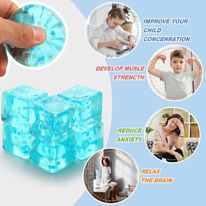 6 Pack Stress Balls Ice Cube with Snowflakes Inside, Sensory Squishy Ice Squeeze Toy Fidget Slow Rise Squishy Balls for Kids and Adults Anxiety Relief, Birthday Gifts Party Favors, Classroom Prizes